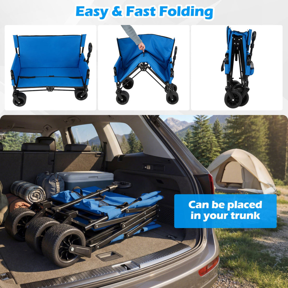 GemGear 2-in-1 collapsible wagon bench seat blue camping wagon with adjustable handle, foldable on Tampa Home & Garden Store