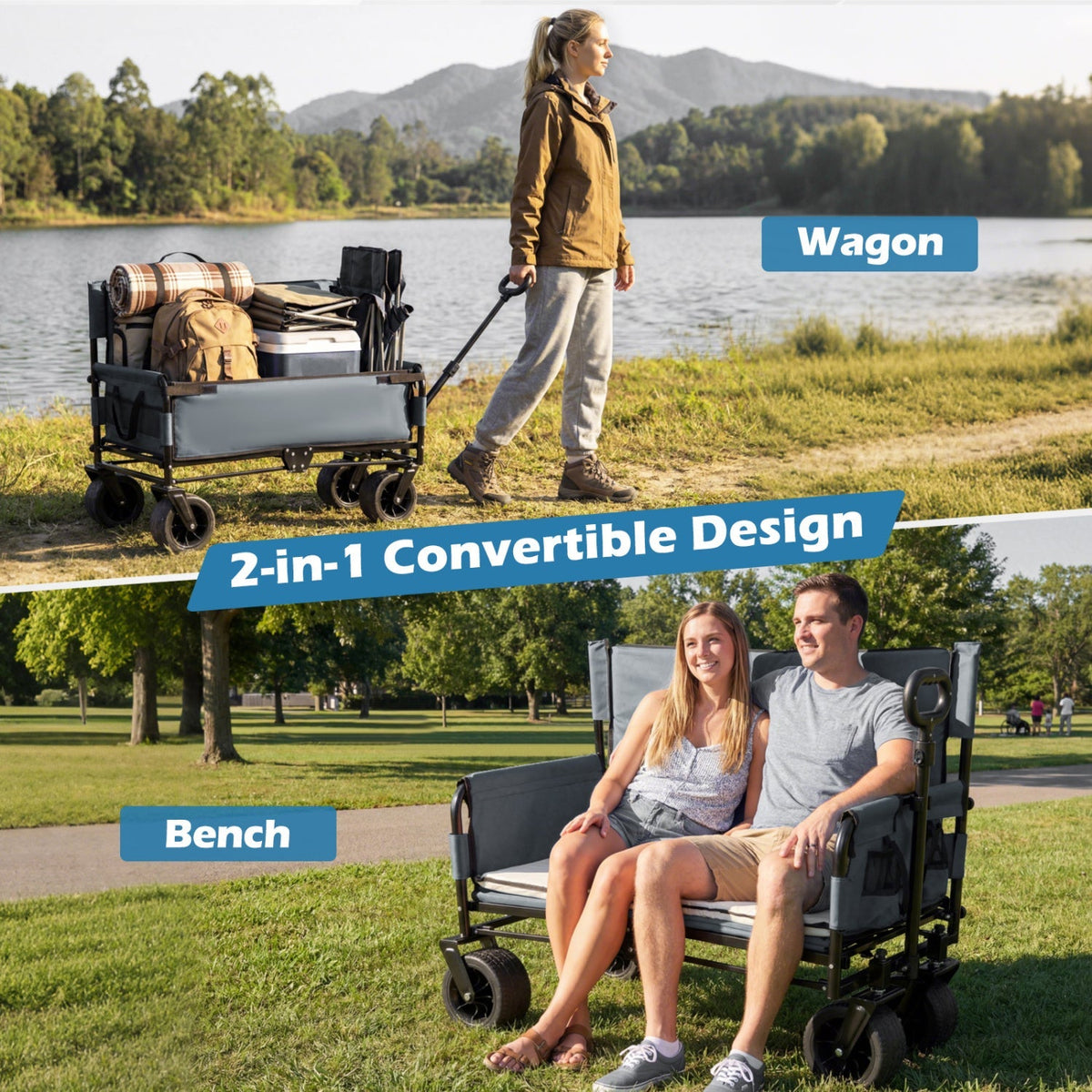 GemGear 2-in-1 collapsible wagon bench seat camping wagon with adjustable handle by lake on Tampa Home & Garden Store