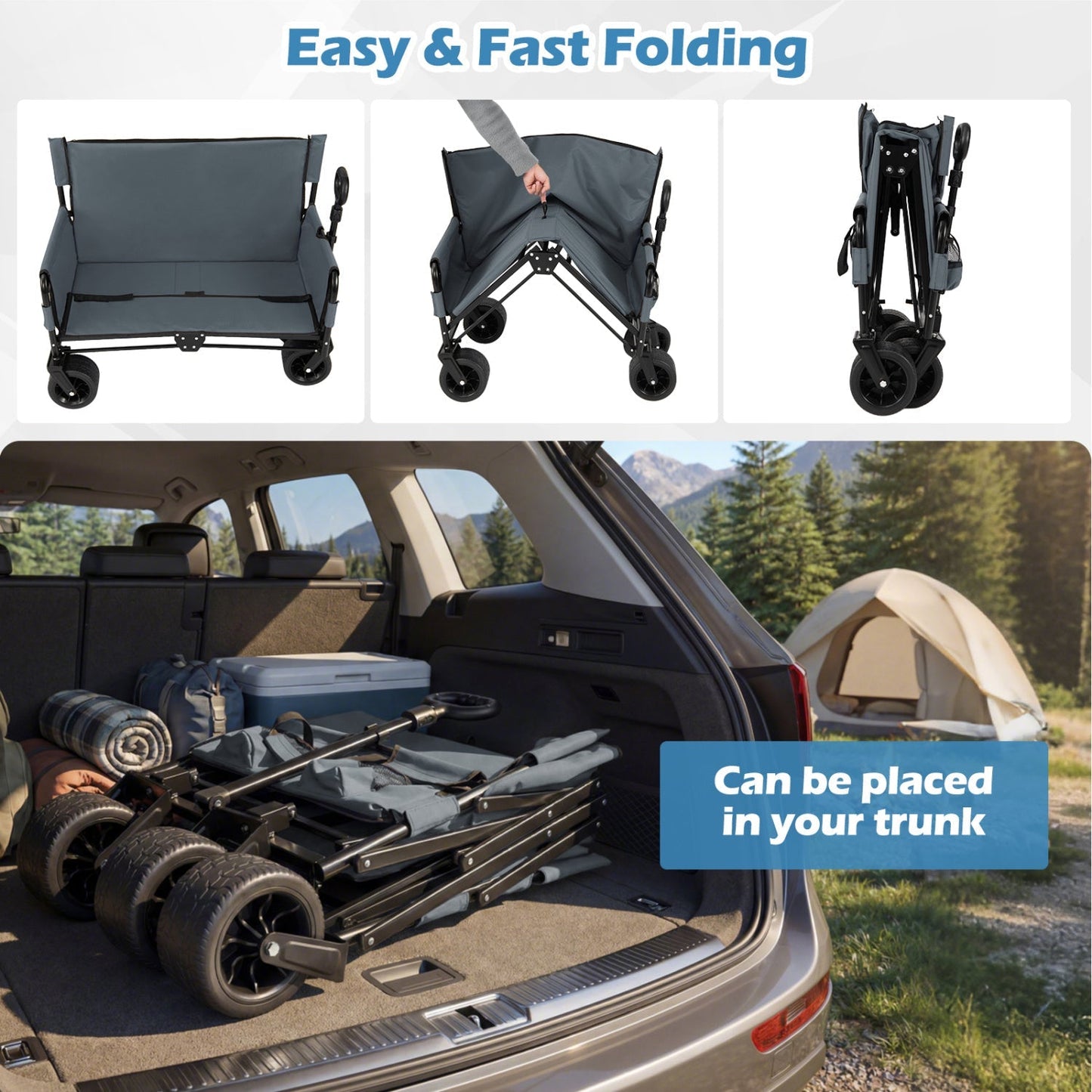 2-in-1 collapsible camping wagon bench seat by GemGear, gray fabric, adjustable handle on Tampa Home & Garden Store