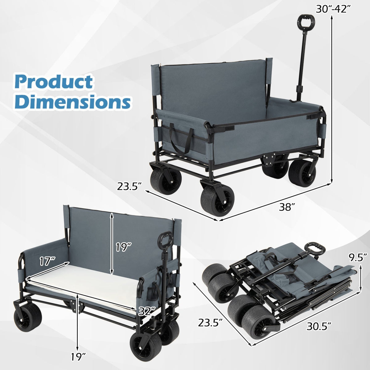 GemGear 2-in-1 collapsible camping wagon bench seat with adjustable handle, gray fabric on Tampa Home & Garden Store