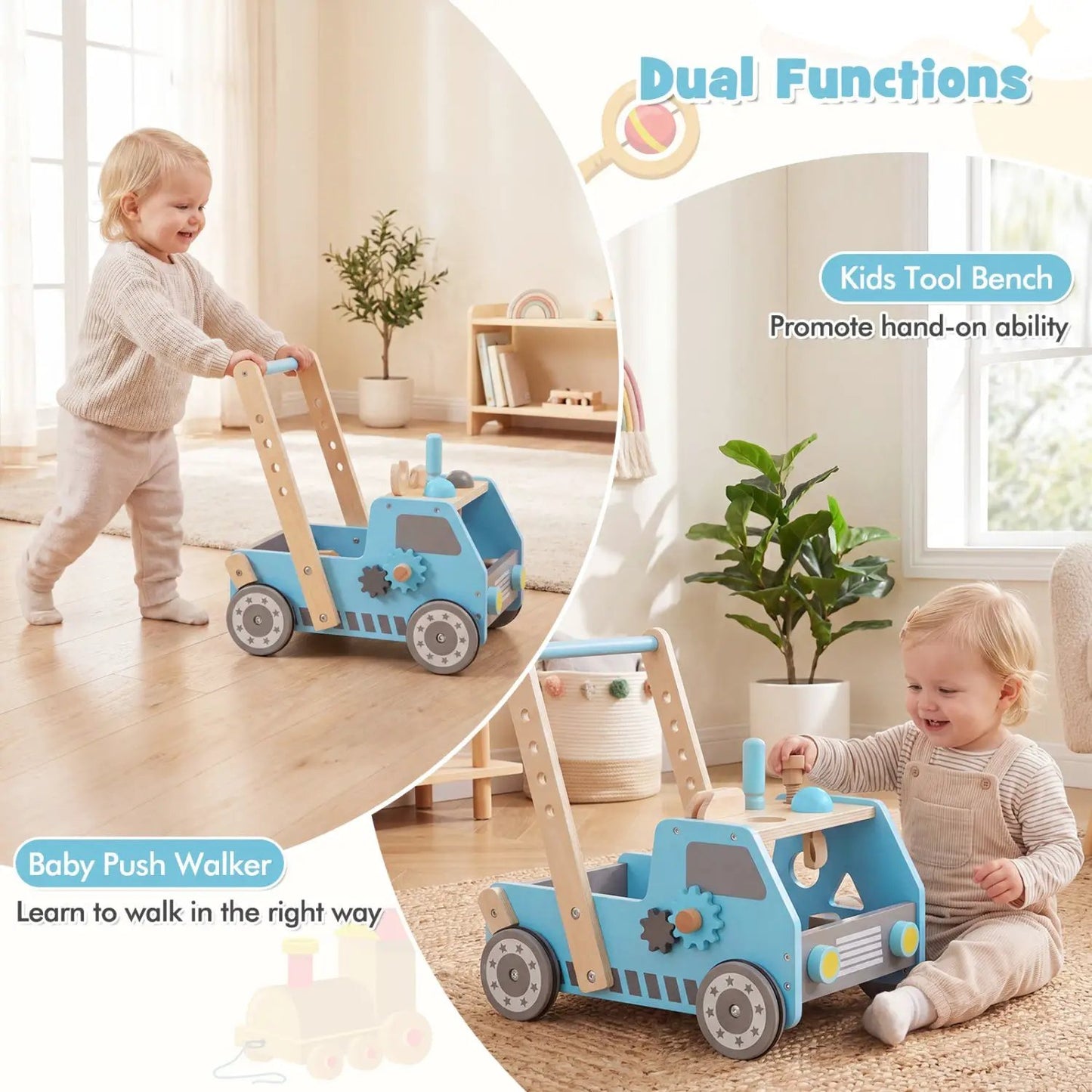 2-in-1 Wooden Baby Walker with Adjustable Speed