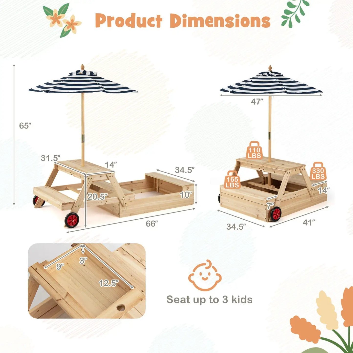 Wooden Sandbox 2 in 1 With Umbrella Picnic Table