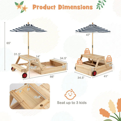 Wooden Sandbox 2 in 1 With Umbrella Picnic Table