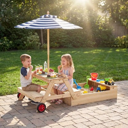Wooden Sandbox 2 in 1 With Umbrella Picnic Table