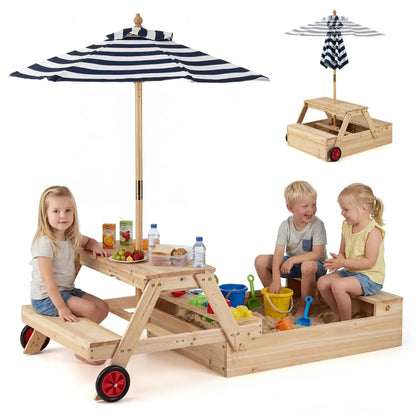 Wooden Sandbox 2 in 1 With Umbrella Picnic Table