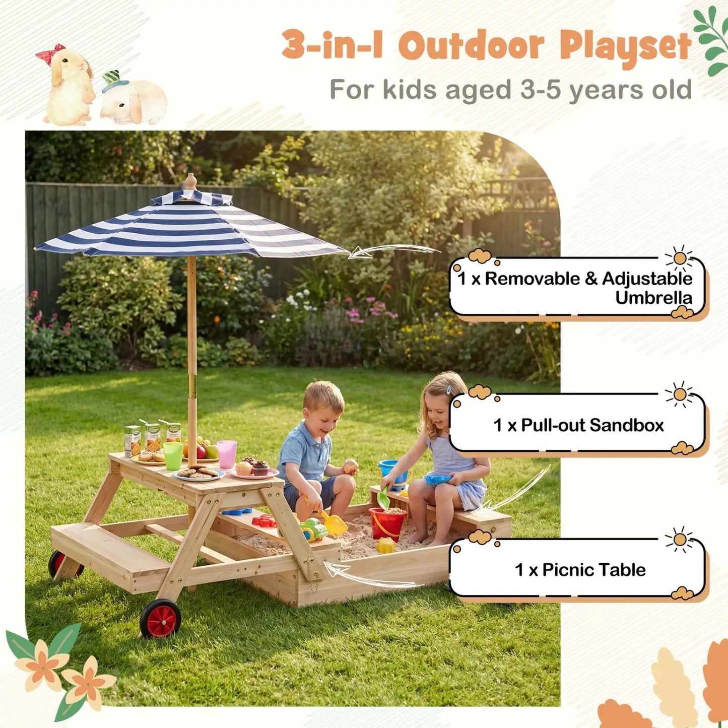 Wooden Sandbox 2 in 1 With Umbrella Picnic Table