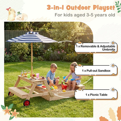 Wooden Sandbox 2 in 1 With Umbrella Picnic Table