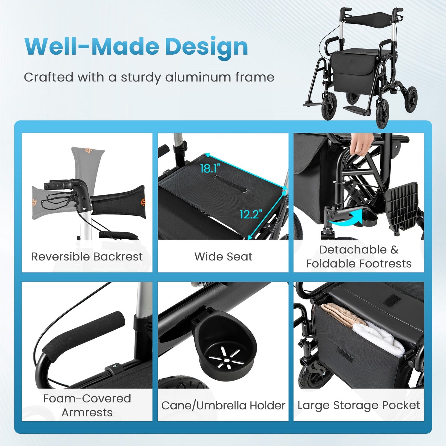 2-in-1 Foldable Rollator Walker with Seat abd 9 Inch Pneumatic Tires for Seniors