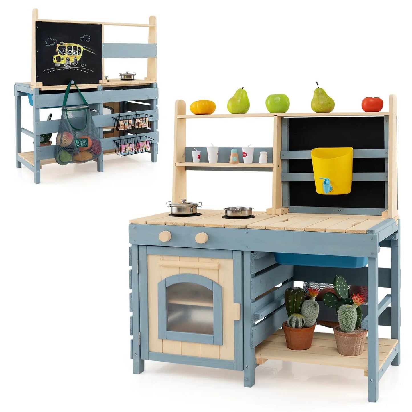 2-In-1 Mud Kitchen with Faucet and Chalkboard blue wood outdoor water play on Tampa Home & Garden Store