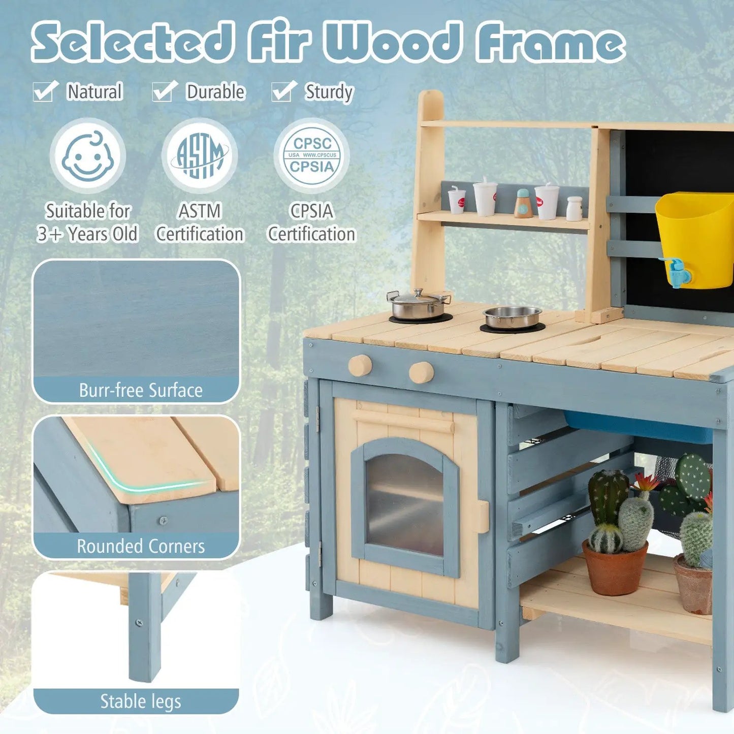2-In-1 Mud Kitchen with Faucet and Chalkboard, natural fir frame with blue-gray accents DirectDeals Water Tables on Tampa Home & Garden Store