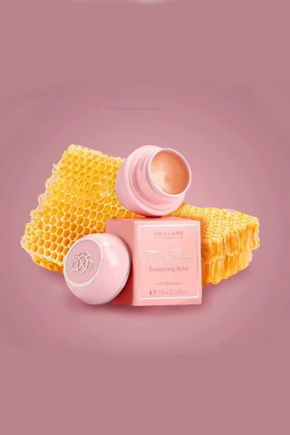 Tender Care Protecting Balm pink jar by Oriflame with honeycomb backdrop on Tampa Home & Garden Store