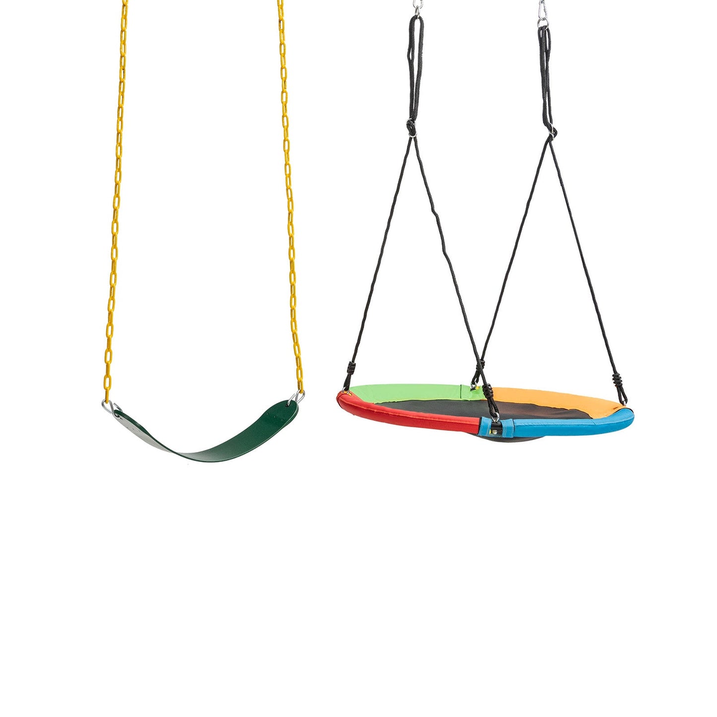 2-pack swing seats: green curved seat and colorful saucer tree swing with ropes on Tampa Home & Garden Store