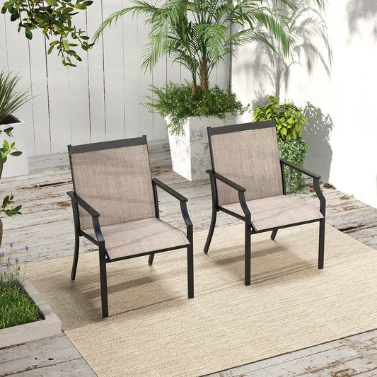 2 Piece Patio Dining Chairs Large Outdoor Chairs with Breathable Seat and Metal Frame-Brown