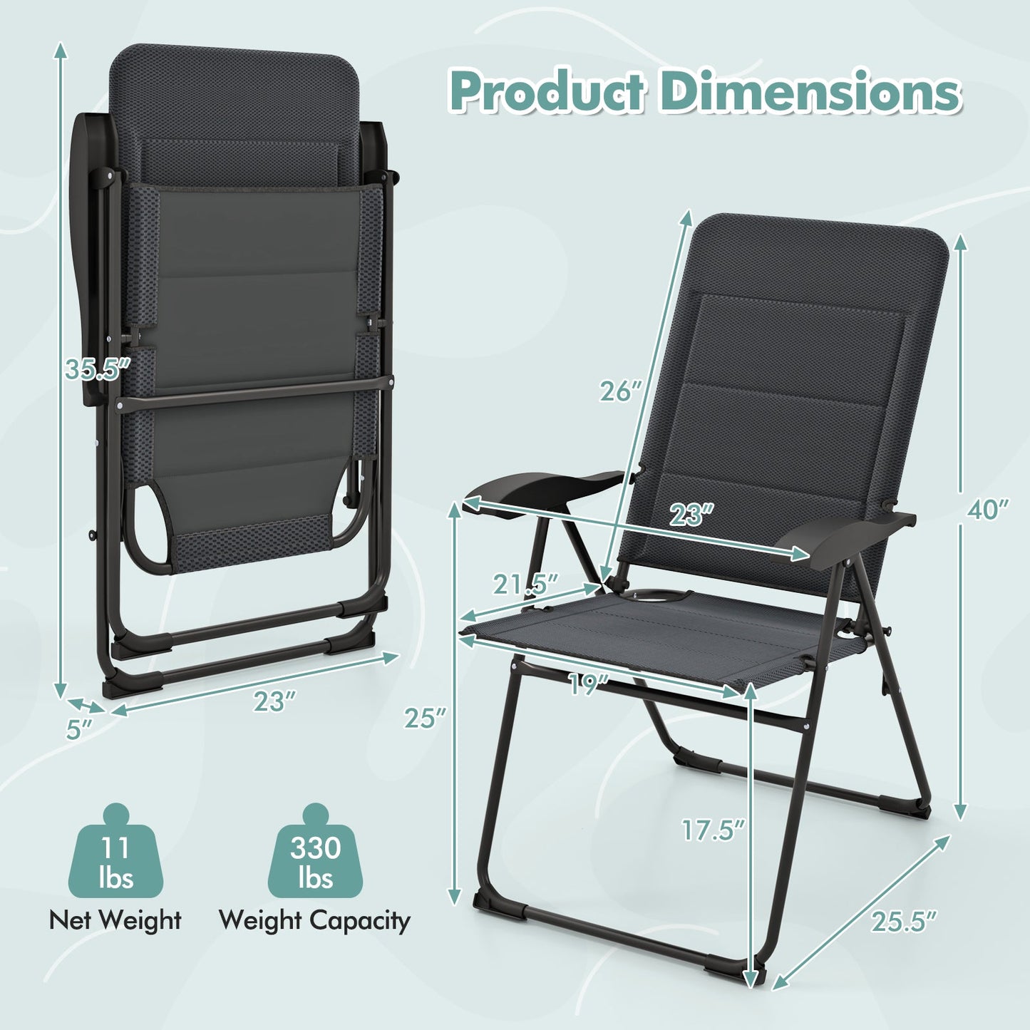 2 sillas de patio plegables para exteriores con respaldo ajustable para bistró y jardín-Gris