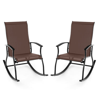 2 Pieces Outdoor Rocking Chairs with Breathable Backrest-Brown