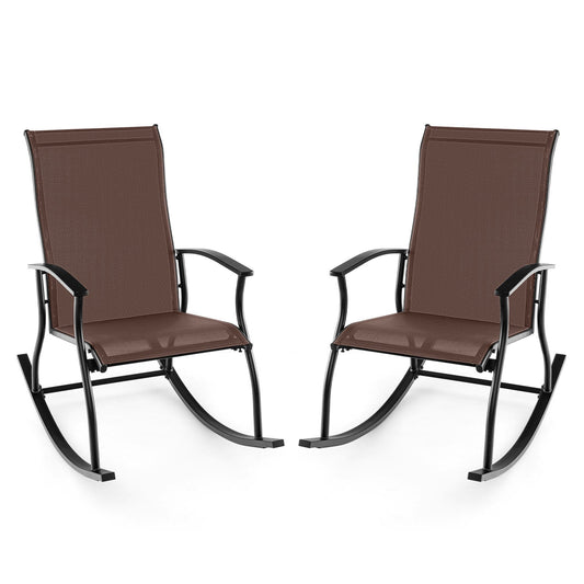 2 Pieces Outdoor Rocking Chairs with Breathable Backrest-Brown