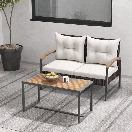 2 Pieces Patio PE Wicker Furniture Set with Acacia Wood Coffee Table-White - Tampa Home & Garden Store