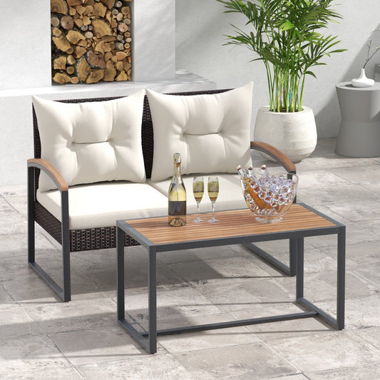 2 Pieces Patio PE Wicker Furniture Set with Acacia Wood Coffee Table-White - Tampa Home & Garden Store
