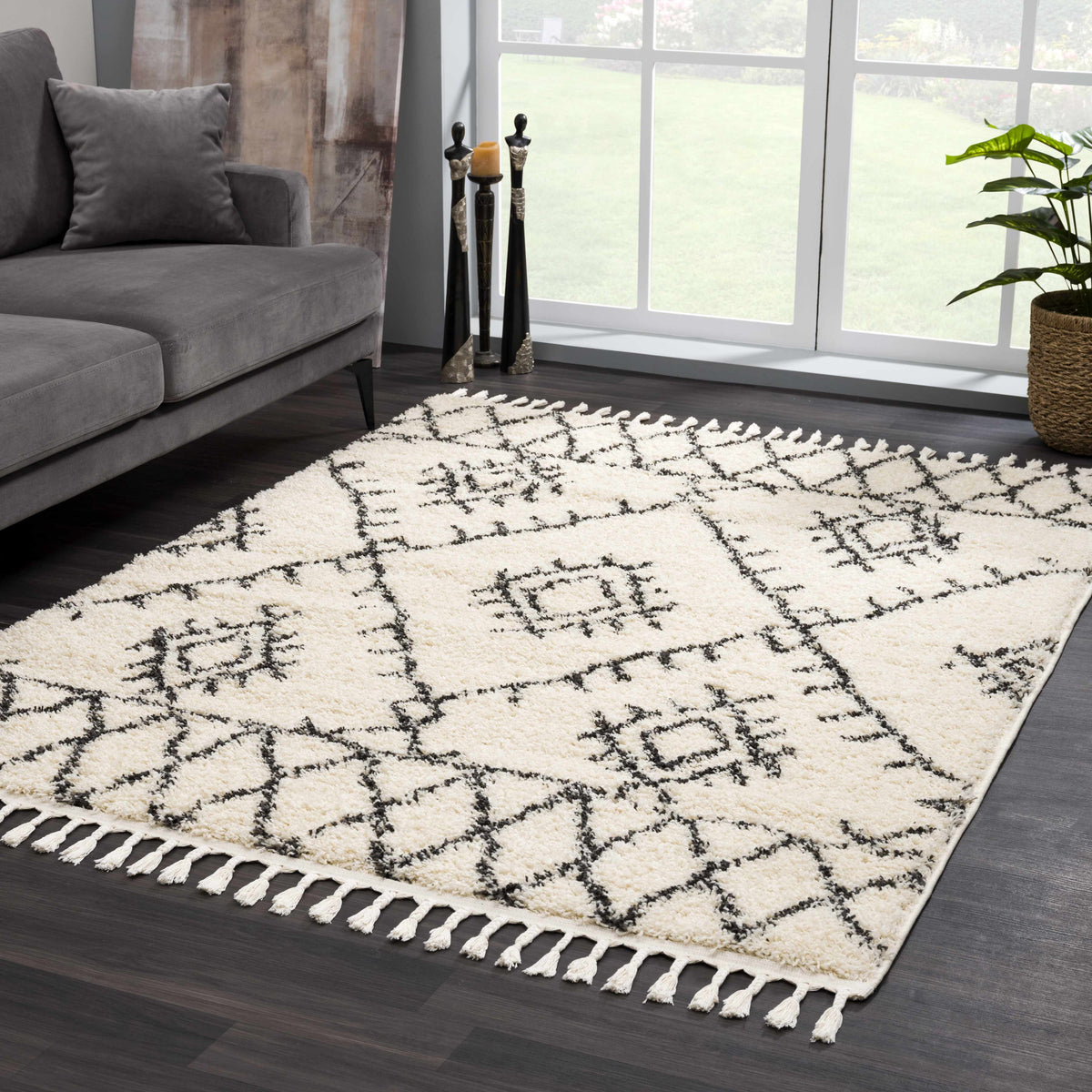 Emlenton Berber Shag with Tassels rug in cream with black lattice pattern, Boutique Rugs on Tampa Home & Garden Store