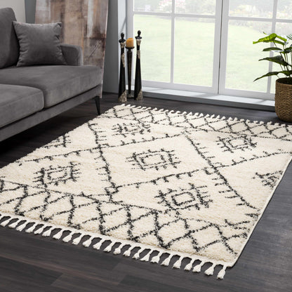 Emlenton Berber Shag with Tassels rug in cream with black lattice pattern, Boutique Rugs on Tampa Home & Garden Store