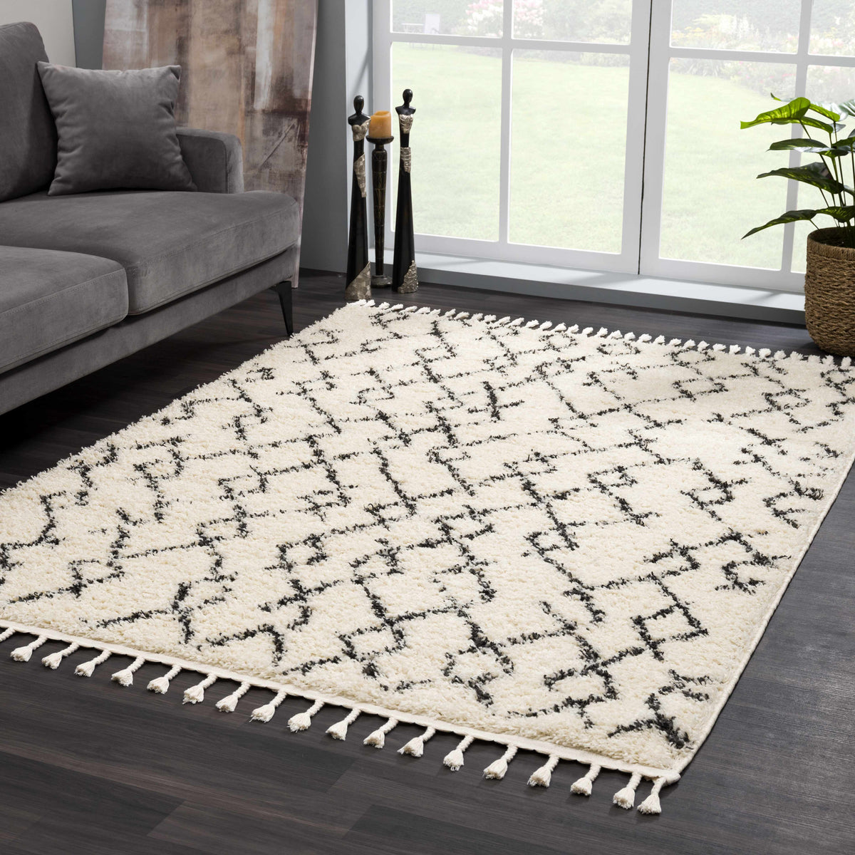 Pahala Moroccan Shag Area Rug cream with black lattice pattern and tassel fringe Boutique Rugs on Tampa Home & Garden Store
