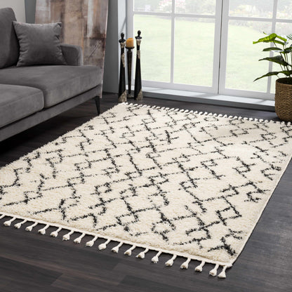 Pahala Moroccan Shag Area Rug cream with black lattice pattern and tassel fringe Boutique Rugs on Tampa Home & Garden Store