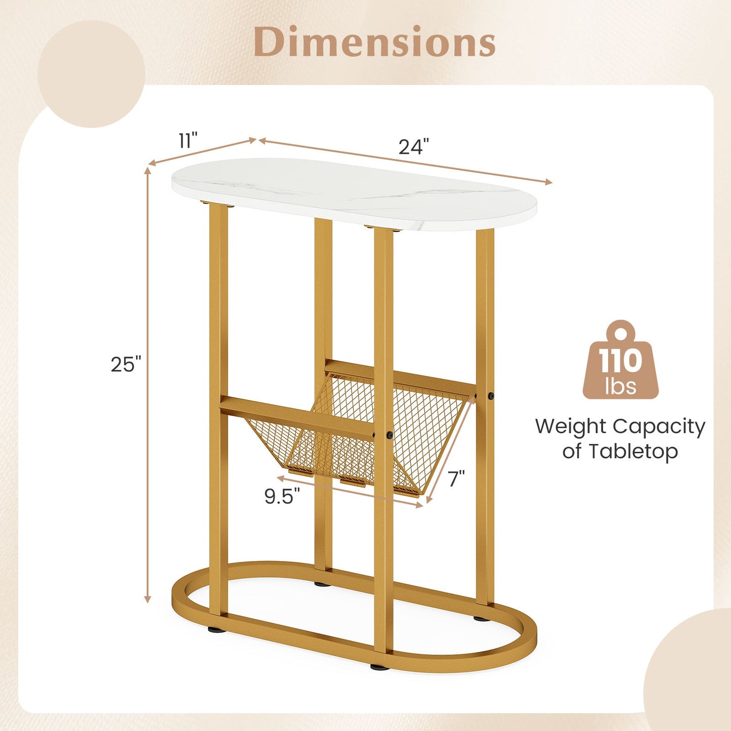 2-tier Oval Narrow Bedside End Table