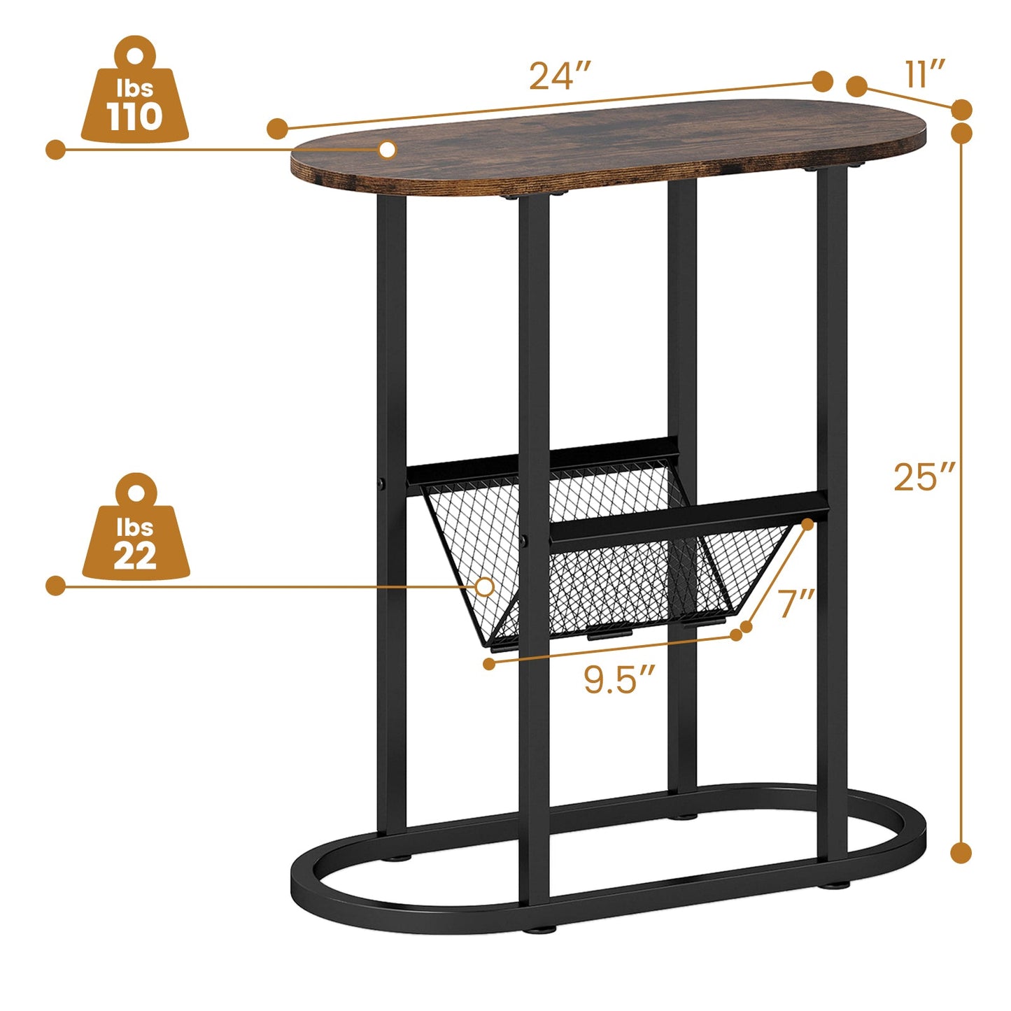 2-tier Oval Narrow Bedside End Table