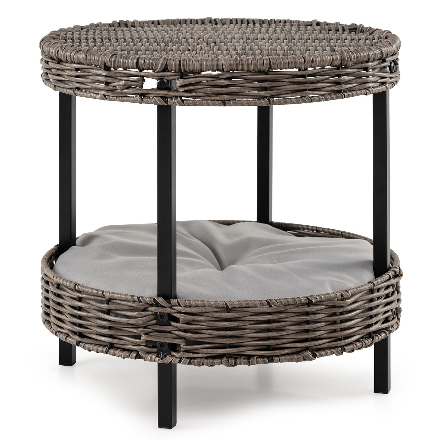2-tier Rattan Cat Nest with Removable Padded Cushion-Gray
