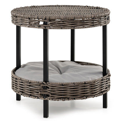 2-tier Rattan Cat Nest with Removable Padded Cushion-Gray