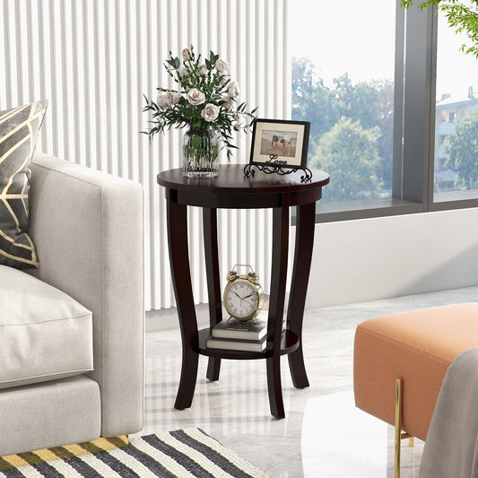 2-tier Round End Table with Solid Wood Legs-Espresso - Tampa Home & Garden Store