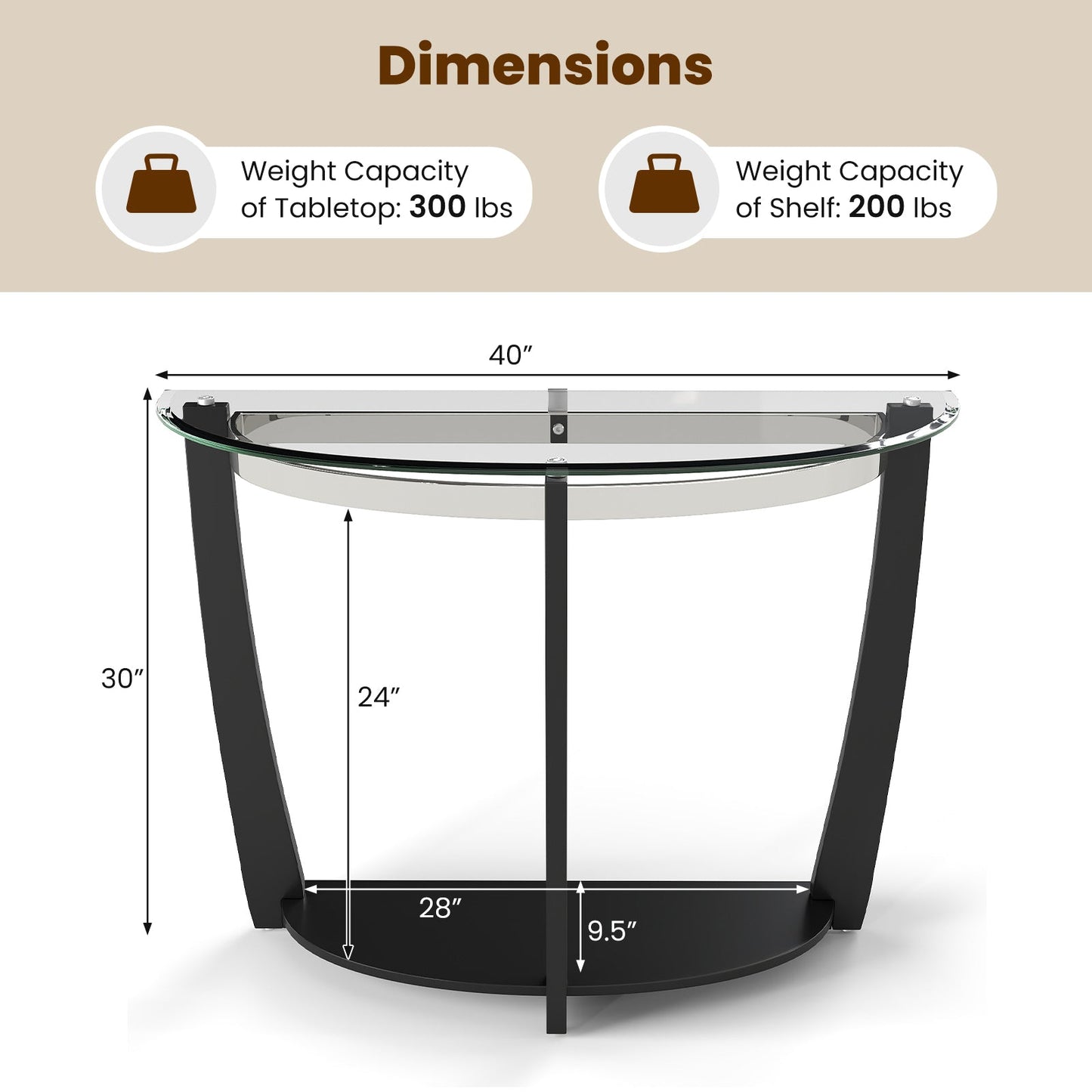 2-tier Tempered Glass Console Table with Clear Glass Top and Open Shelf