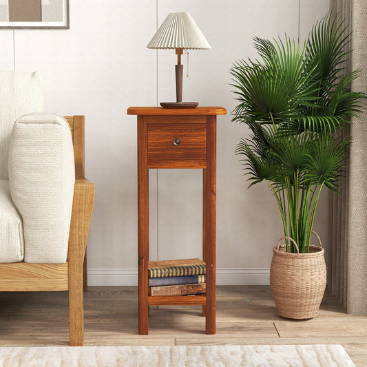 2 Tier Slim Nightstand Bedside Table with Drawer Shelf-Brown - Tampa Home & Garden Store