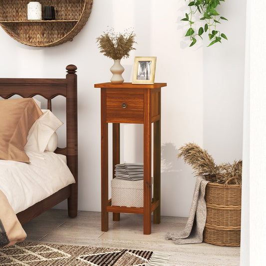 2 Tier Slim Nightstand Bedside Table with Drawer Shelf-Brown - Tampa Home & Garden Store
