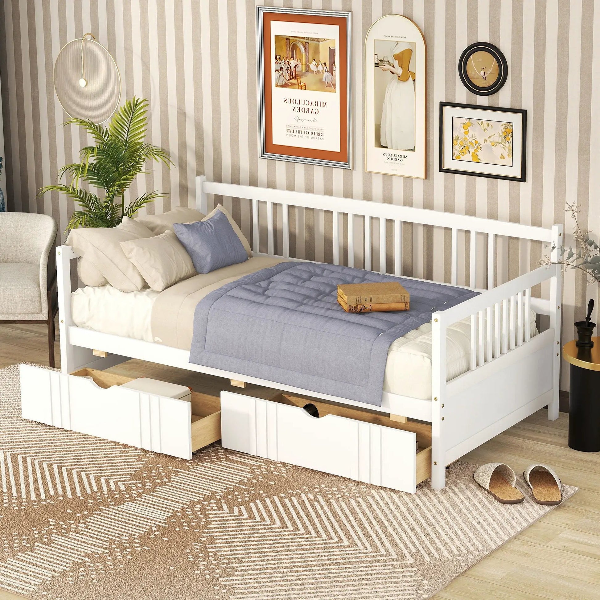 Multifunctional Daybed white frame with storage; beige bedding by Unique Piece Furniture on Tampa Home & Garden Store