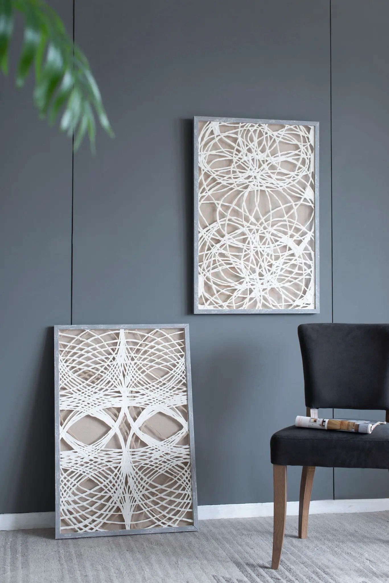 Leaf Shadow Box Wall Decor set of 2 white/gray frames with intricate string art on beige backing on Tampa Home & Garden Store
