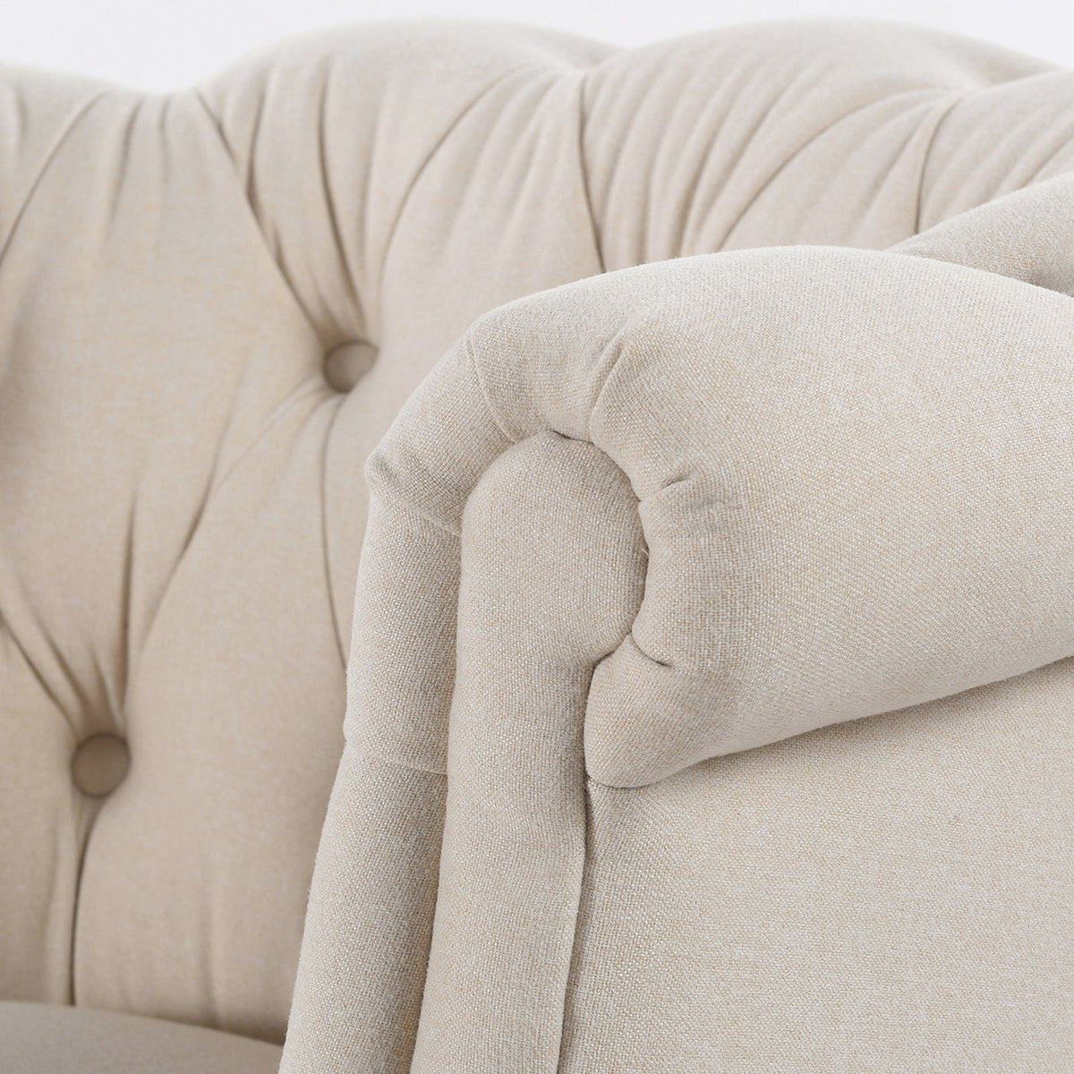 Tufted accent chair with barrel back in beige linen fabric by HouseOfZazla on Tampa Home & Garden Store