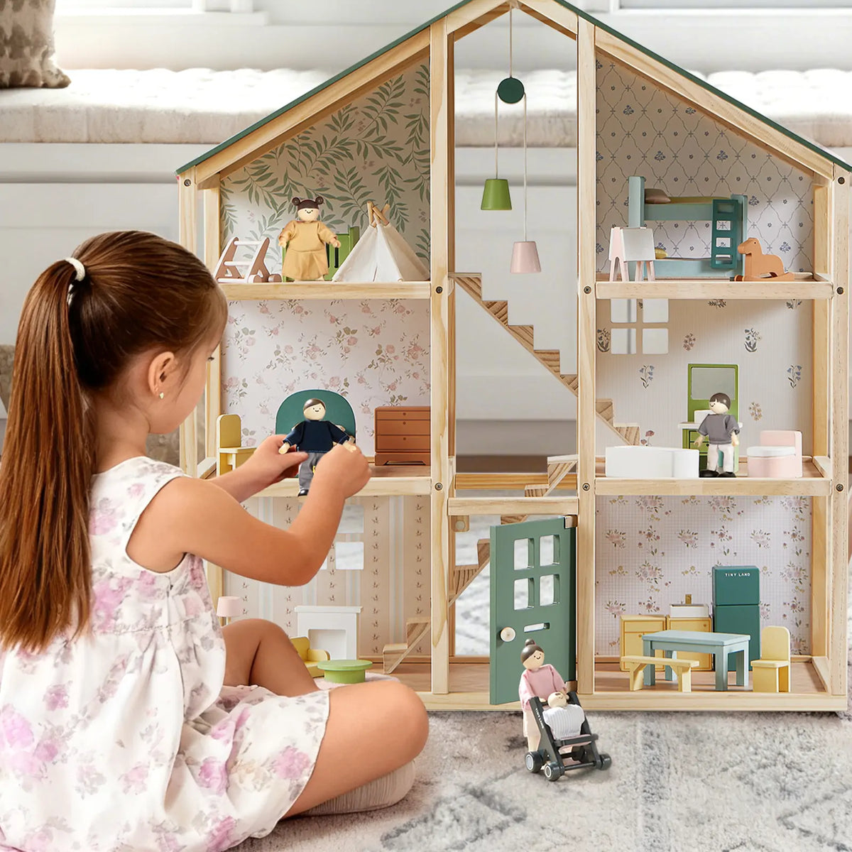 Tiny Land Sweetwood Evergreen dollhouse with wooden dolls and multiple rooms on Tampa Home & Garden Store