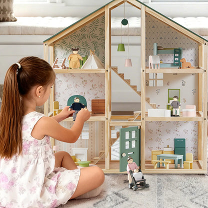 Tiny Land Sweetwood Evergreen dollhouse with wooden dolls and multiple rooms on Tampa Home & Garden Store