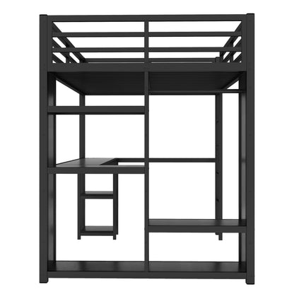 Full Size Metal Loft Bed with Desk and Wardrobe