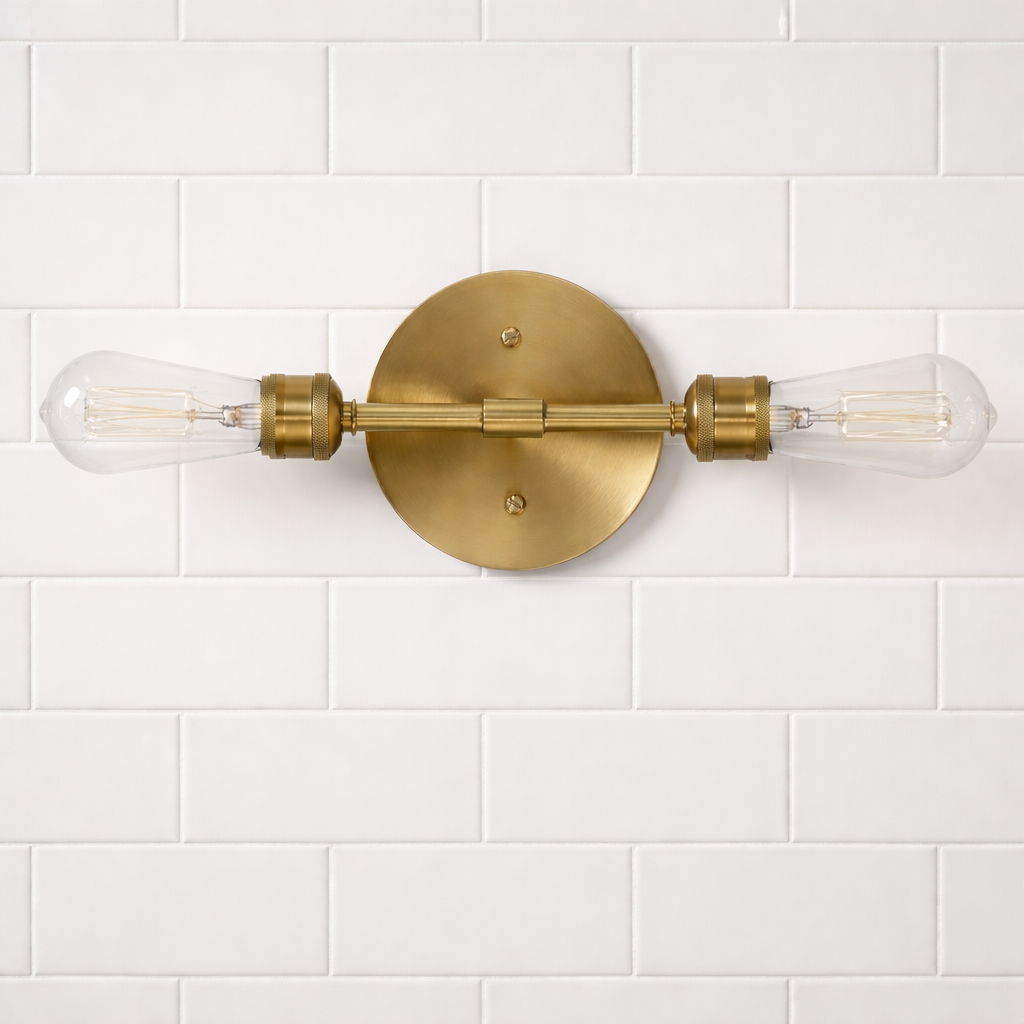Reverie double lights bathroom wall sconce in gold brass with clear Edison bulbs, 2-light on Tampa Home & Garden Store