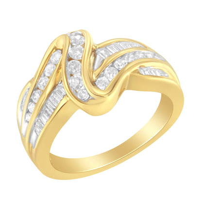 10K yellow gold bypass ring with channel-set round & baguette diamonds, double shank on Tampa Home & Garden Store