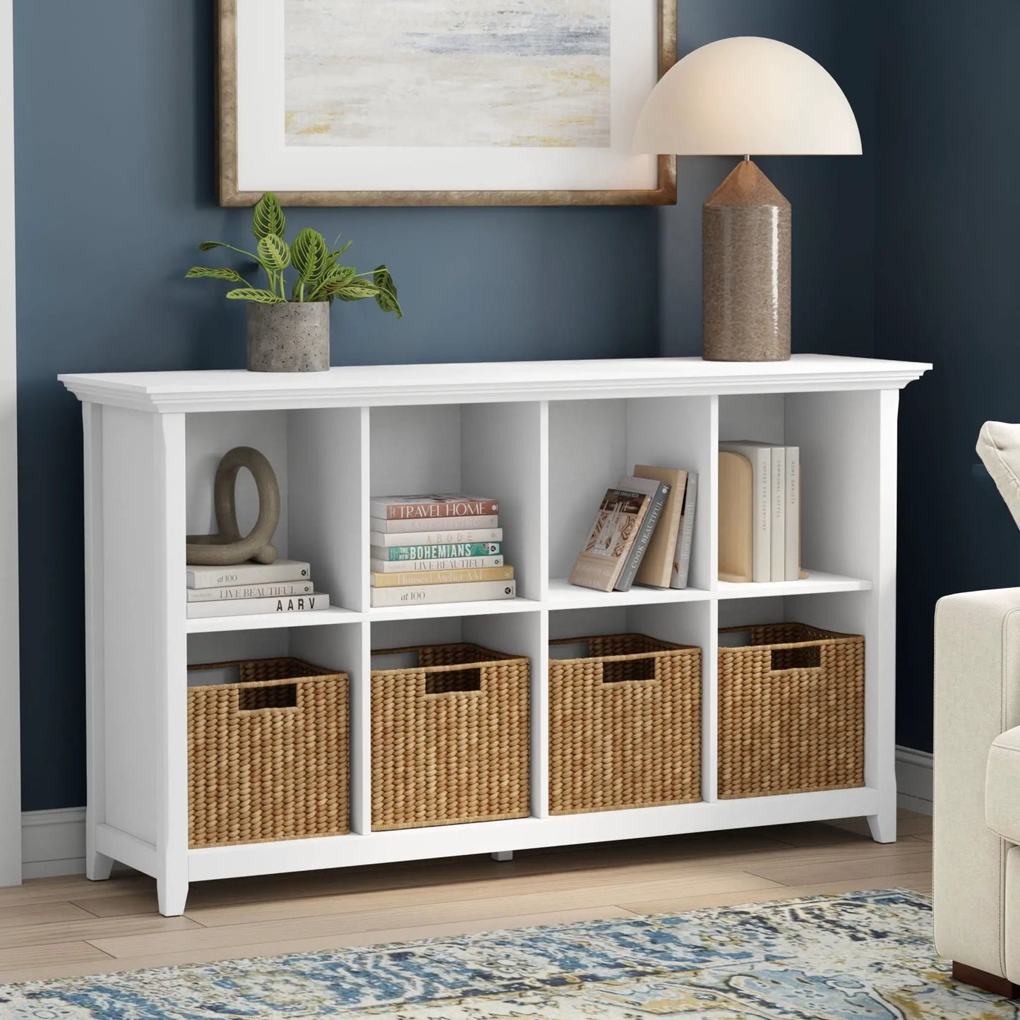 Amherst cube storage bookcase white cube organizer with four woven baskets in lower cubbies on Tampa Home & Garden Store