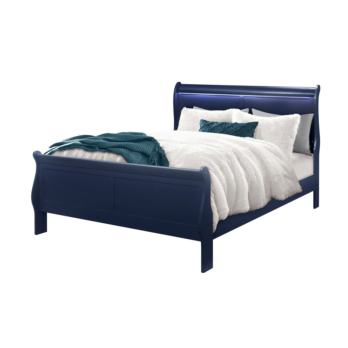 Charlston modern sleigh bed with LED lighting in navy finish by HouseOfZazla on Tampa Home & Garden Store