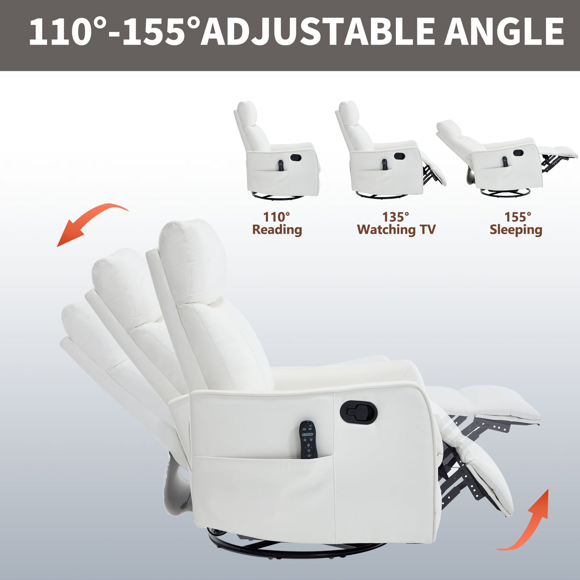 White Heat Massage Manual Recliner Chair with Rocker and Swivel in Faux Leather 3 recliners on Tampa Home & Garden Store