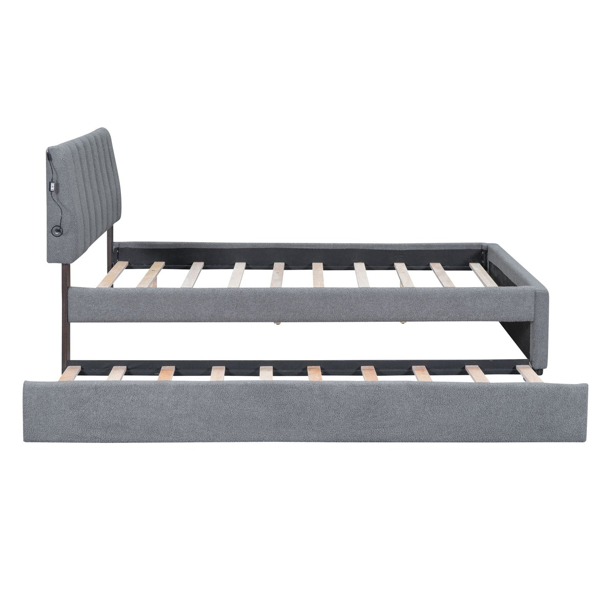 Upholstered platform bed in gray fabric with vertical tufted headboard and slatted base on Tampa Home & Garden Store