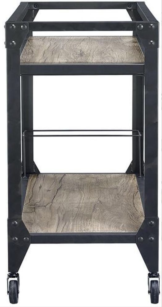 Jorgensen Serving Cart with Storage, rustic oak shelves, charcoal metal frame with wheels on Tampa Home & Garden Store