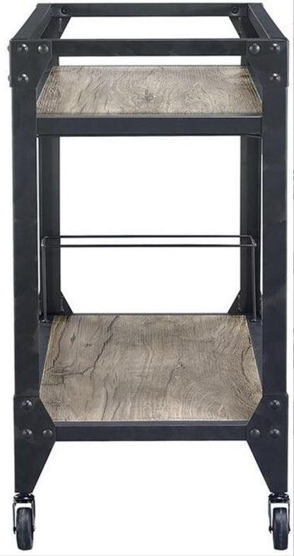 Jorgensen Serving Cart with Storage, rustic oak shelves, charcoal metal frame with wheels on Tampa Home & Garden Store