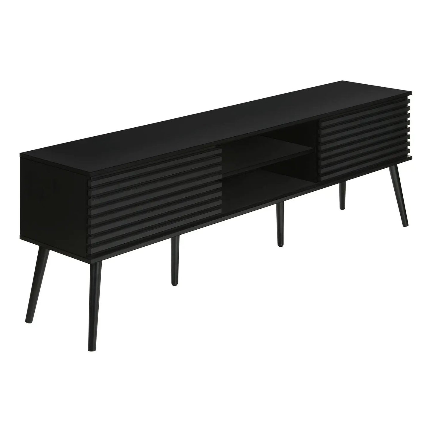 Black TV stand with ribbed slat doors, open shelf, mid-century legs Unique Piece Furniture on Tampa Home & Garden Store