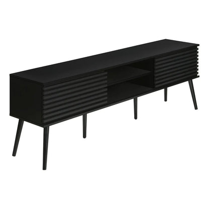 Black TV stand with ribbed slat doors, open shelf, mid-century legs Unique Piece Furniture on Tampa Home & Garden Store